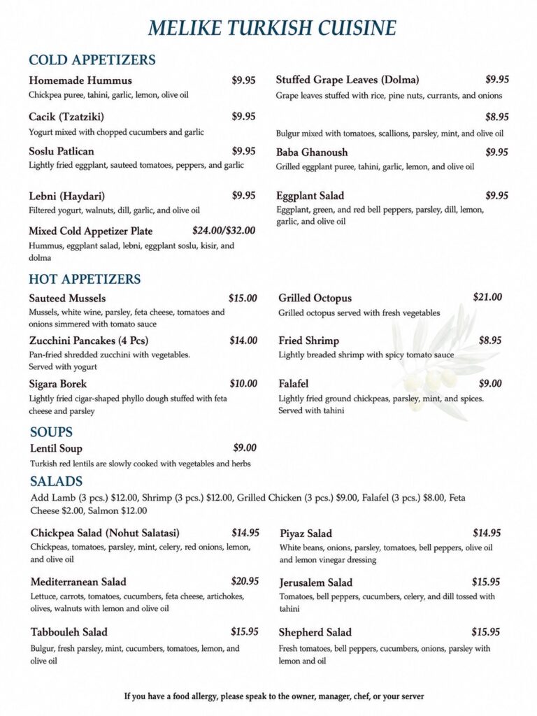 Melike Menu with prices page 1